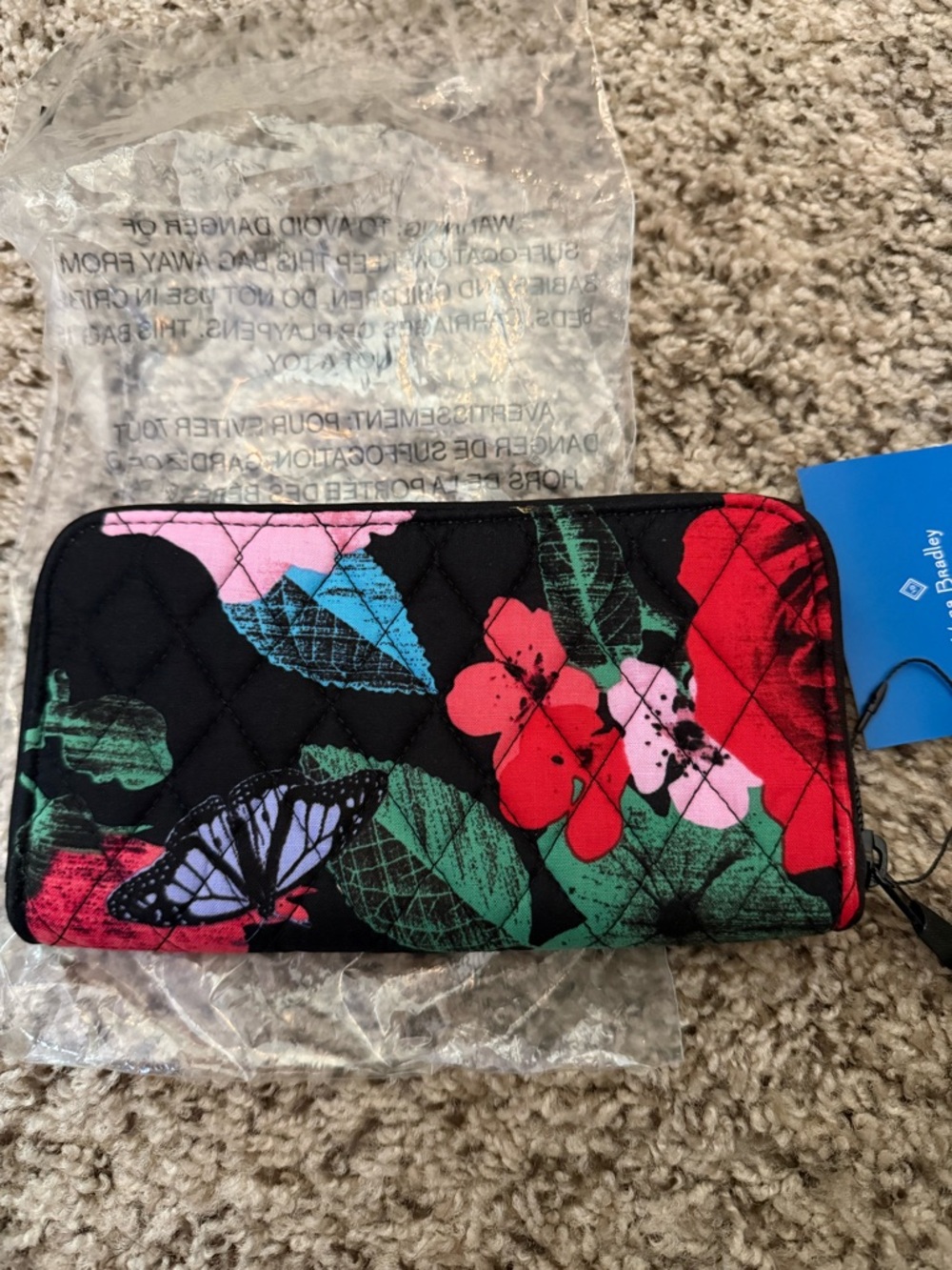 Vera Bradley Havana Rose Black Floral & Butterfly Quilted Zip Wallet